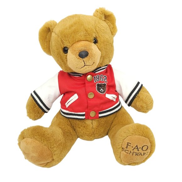 FAO Schwarz Teddy Bear Plush Varsity Jacket 12" Stuffed Animal Toy Brown Red - Picture 1 of 11